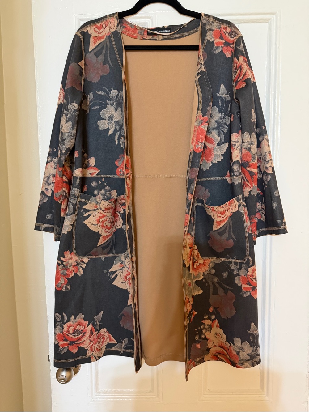 Catherine Malandrino Black Floral Open-Front Coatigan with Coral Blooms